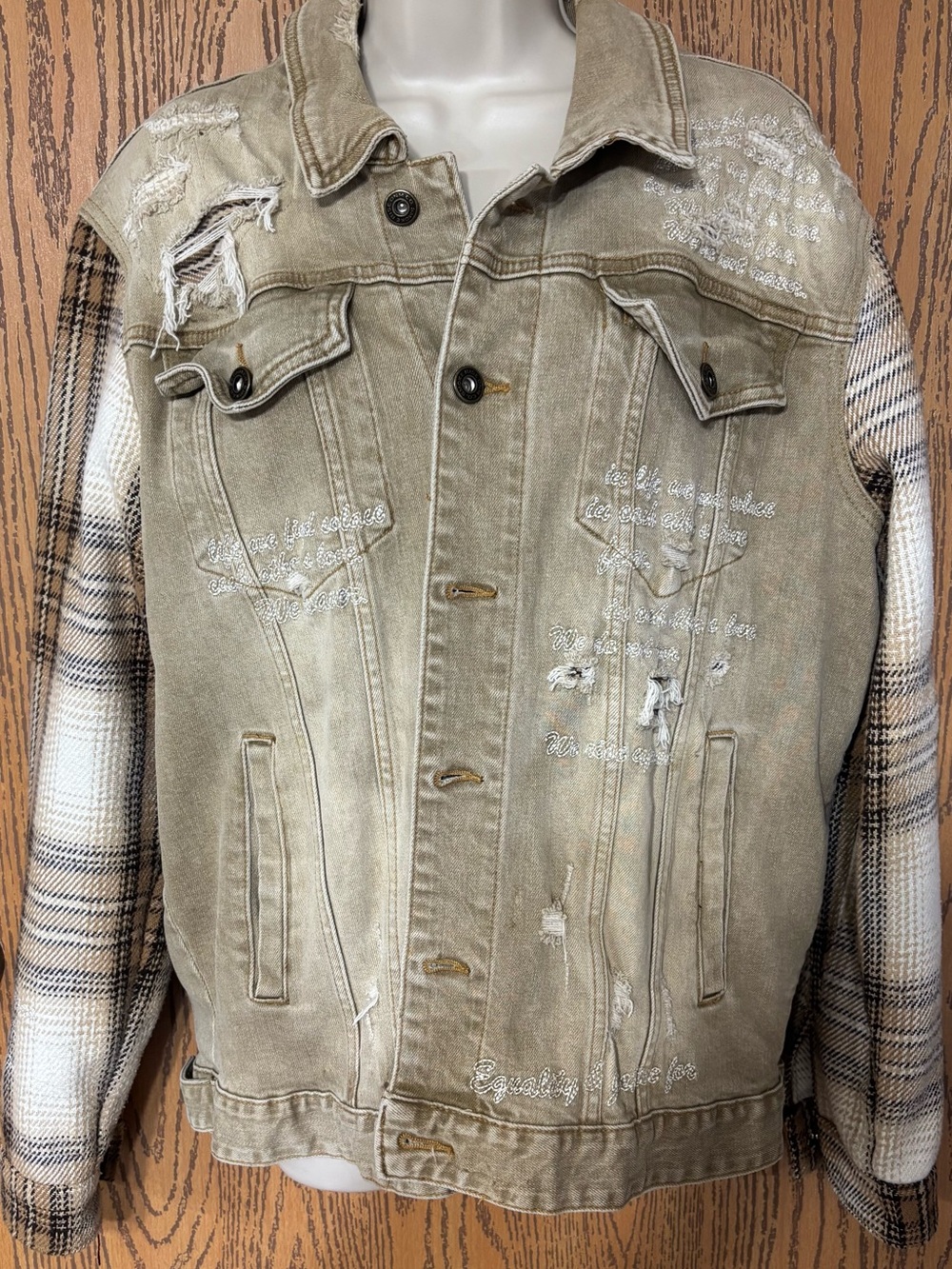 Distressed Beige Denim Jacket with Plaid Sleeves